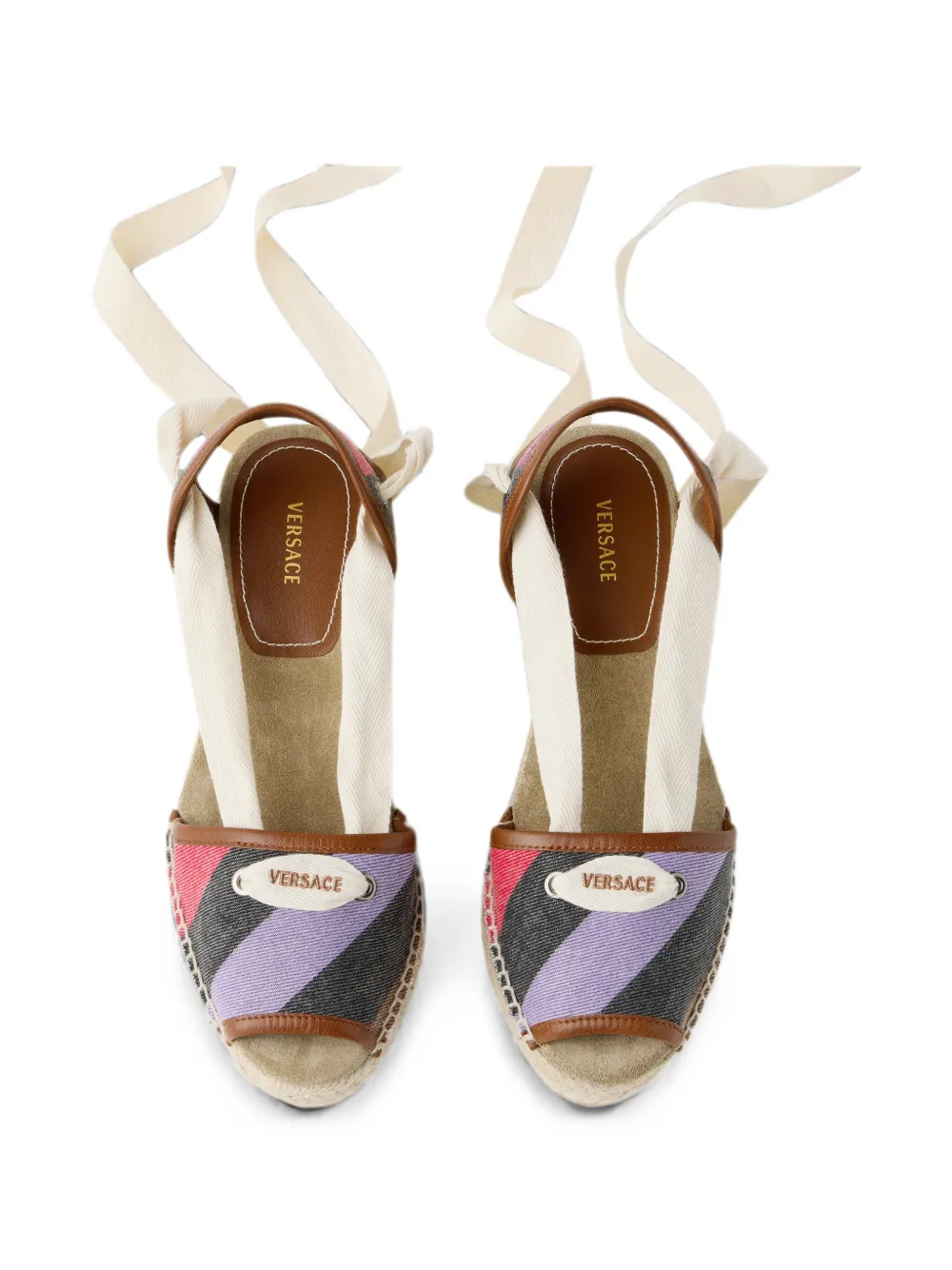 Versace Lola striped denim wedge sandals 65 mm Beige