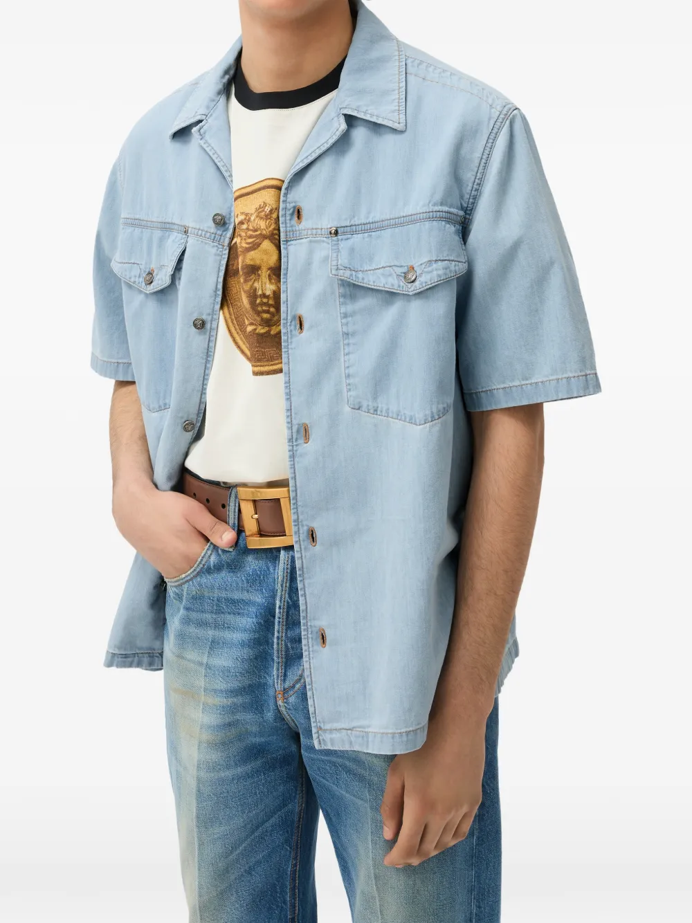 Versace Denim overhemd met geborduurd logo Blauw