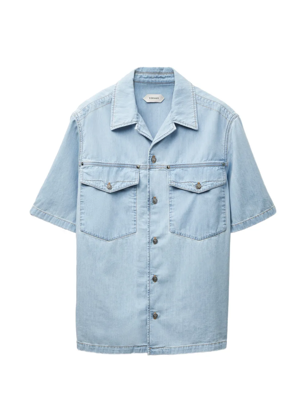 Versace Camicia denim con logo ricamato - Blu