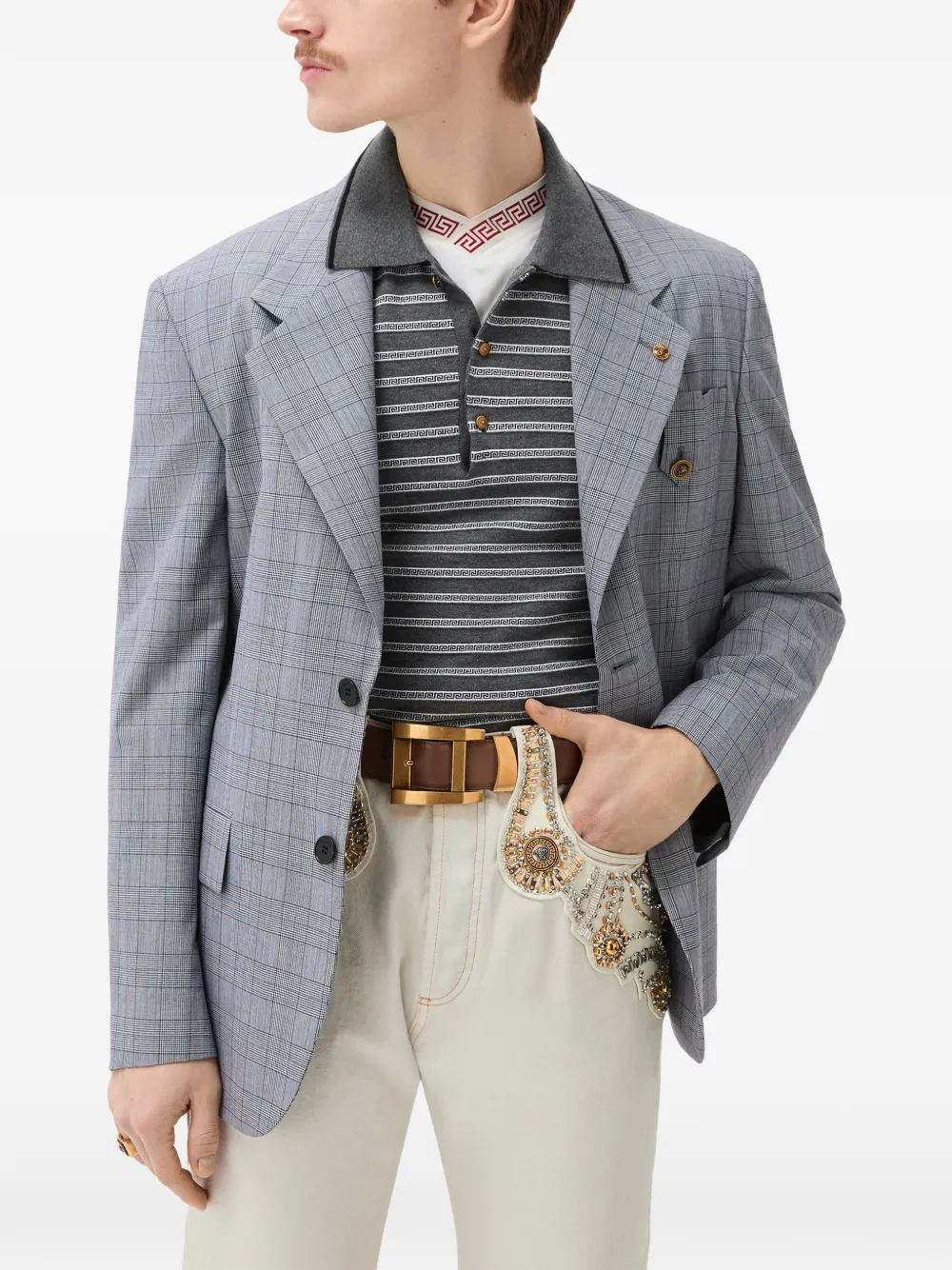 Versace Gebreide polo van katoenblend met jacquard Grijs