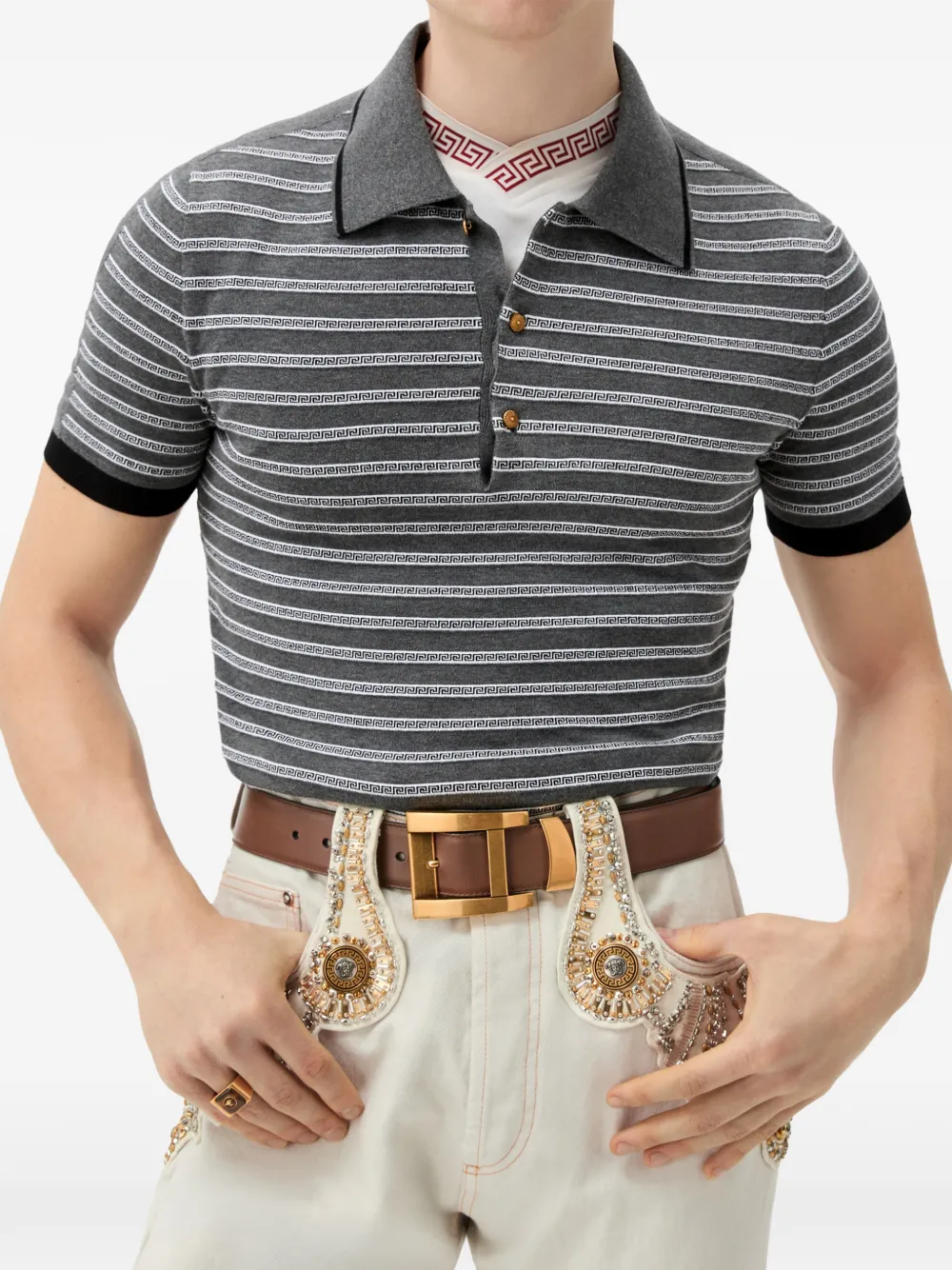 Versace Gebreide polo van katoenblend met jacquard Grijs