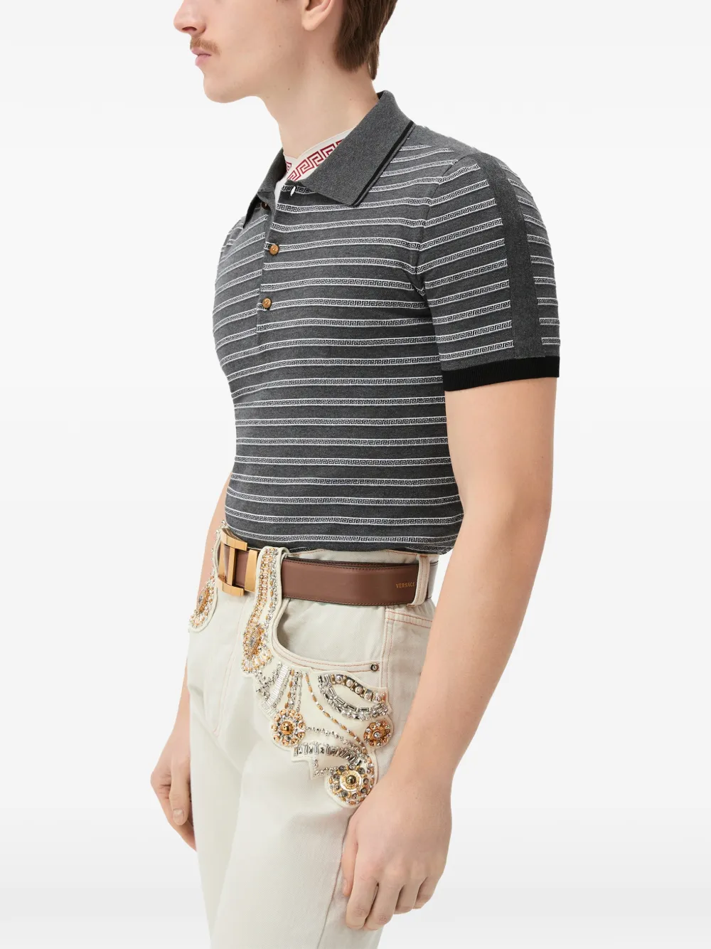 Versace Gebreide polo van katoenblend met jacquard Grijs