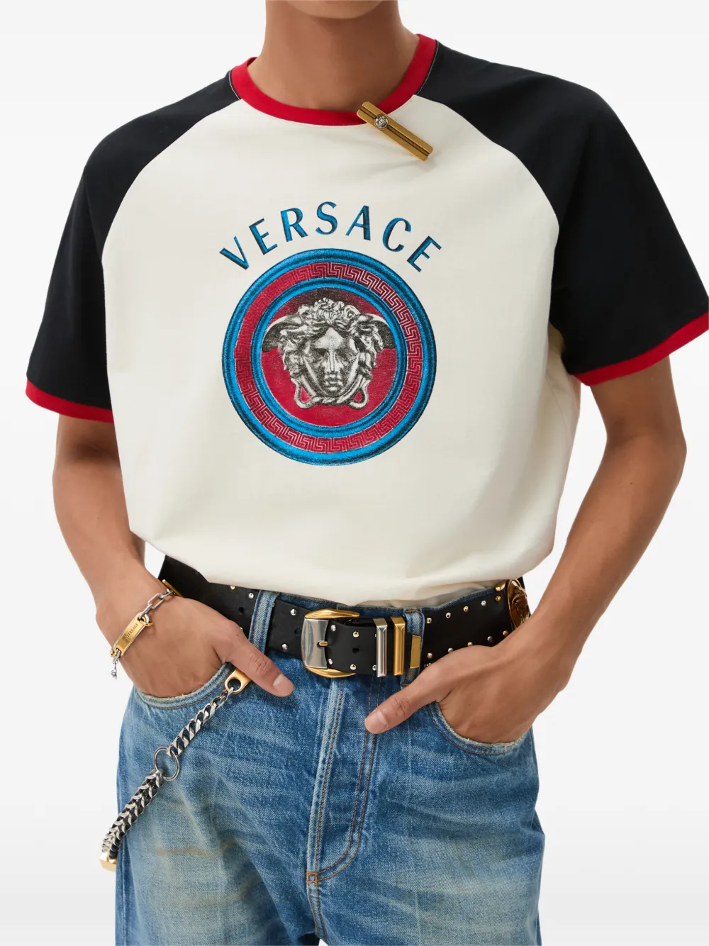 Versace Regular katoenen jersey T-shirt met print Beige