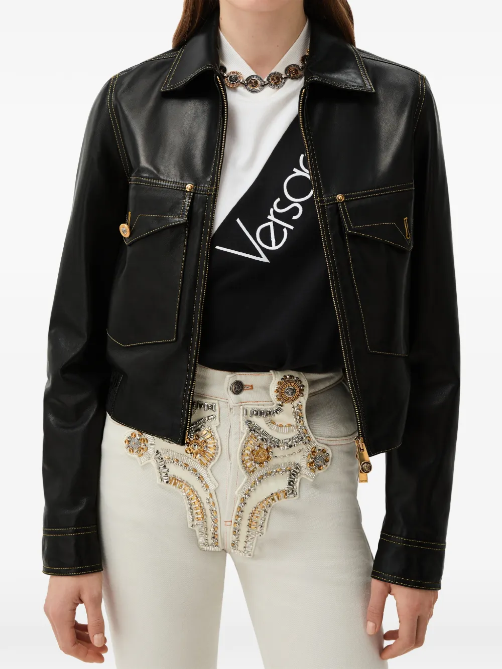 Versace Blouse van nappa leer Zwart