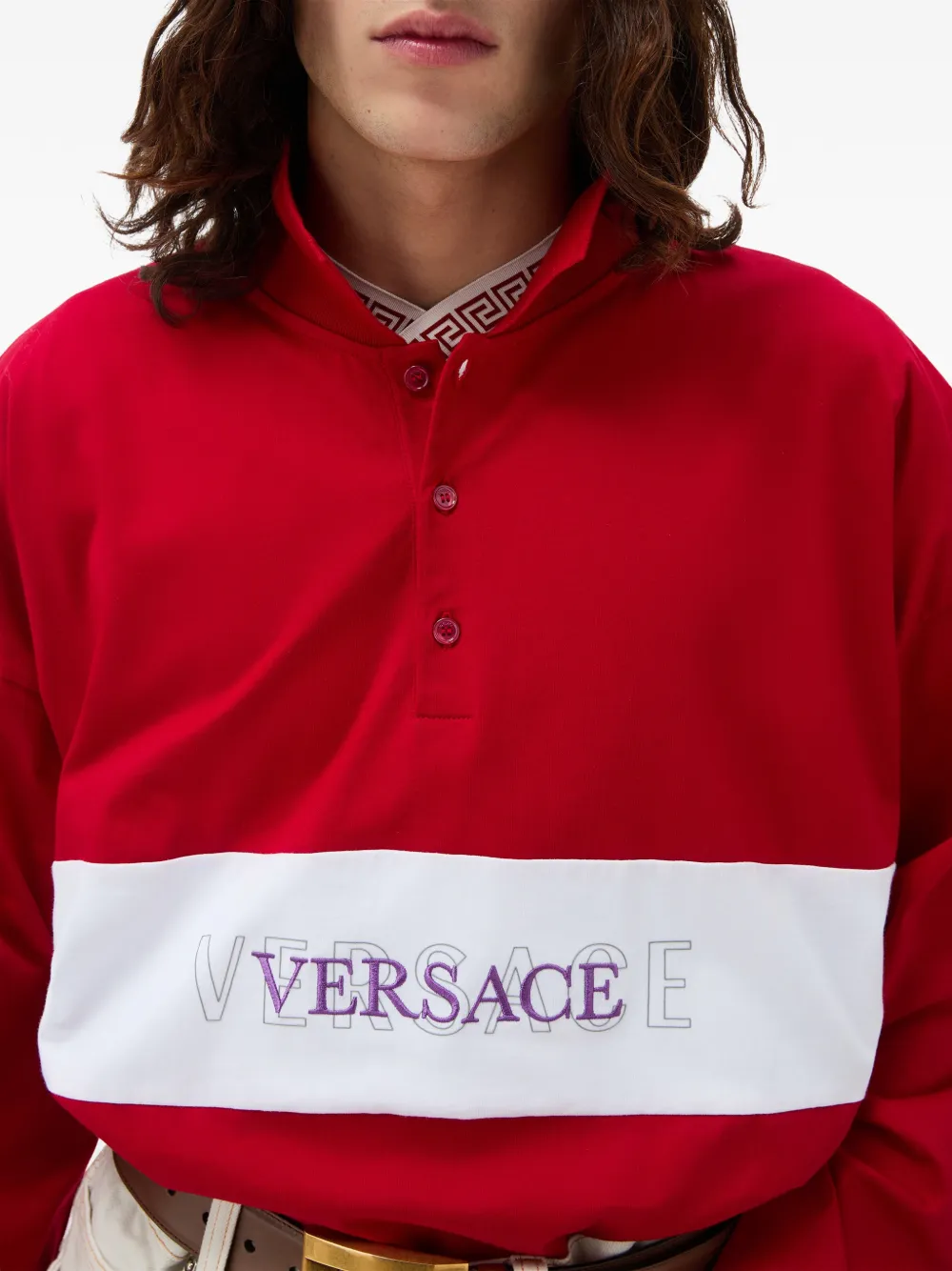 Versace Katoenen jersey intarsia poloshirt met geborduurd logo Rood