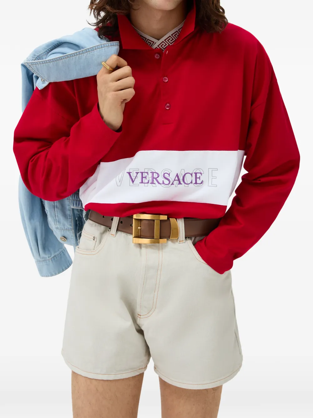 Versace Katoenen jersey intarsia poloshirt met geborduurd logo Rood