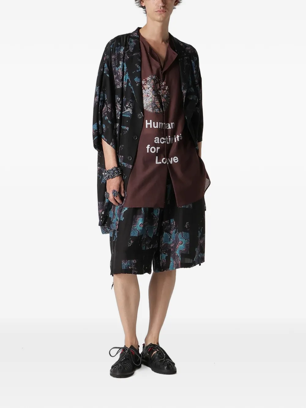 Yohji Yamamoto Zijden jas met patroon Zwart