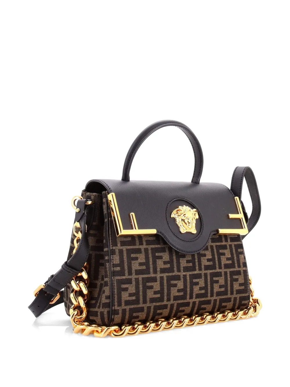 Versace Pre-owned X Fendi Fendace La Medusa Top Handle Bag Zucca Canvas And Leather Medium Satchel - Black 