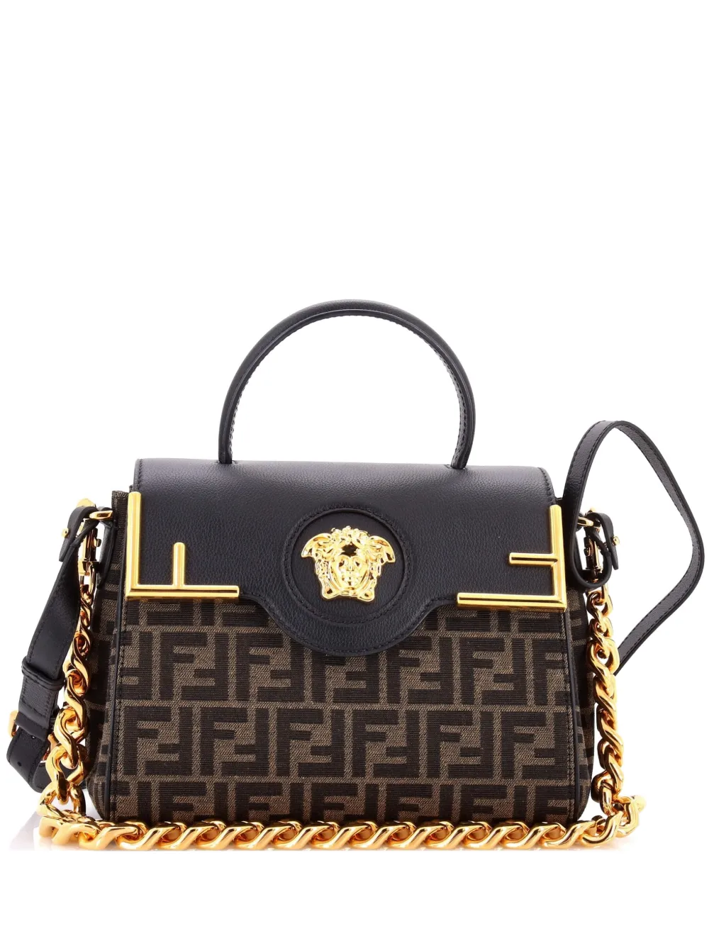 Versace Pre-Owned x Fendi Fendace La Medusa Top Handle Bag Zucca Canvas and Leather Medium satchel - Nero