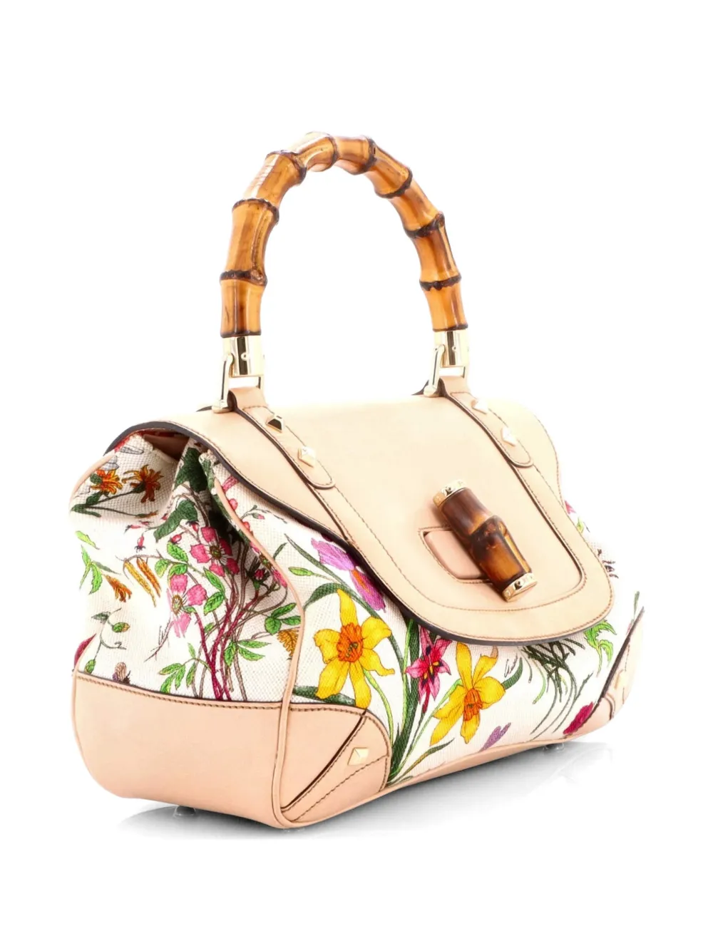  Gucci Pre-owned Bamboo Top Handle Flap Bag Flora Canvas Medium Satchel - Neutrals 