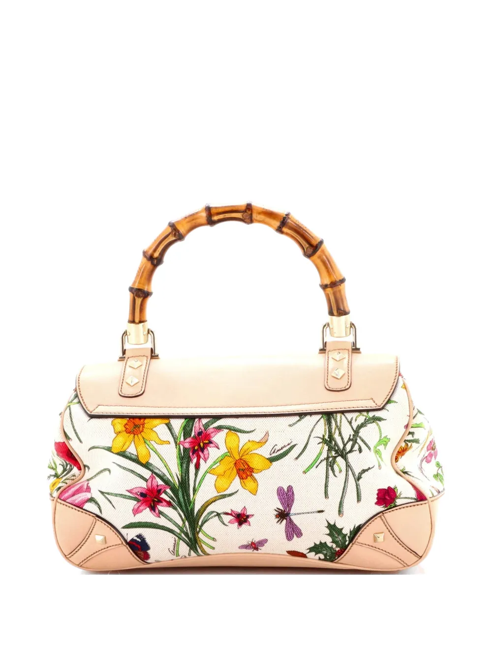  Gucci Pre-owned Bamboo Top Handle Flap Bag Flora Canvas Medium Satchel - Neutrals 