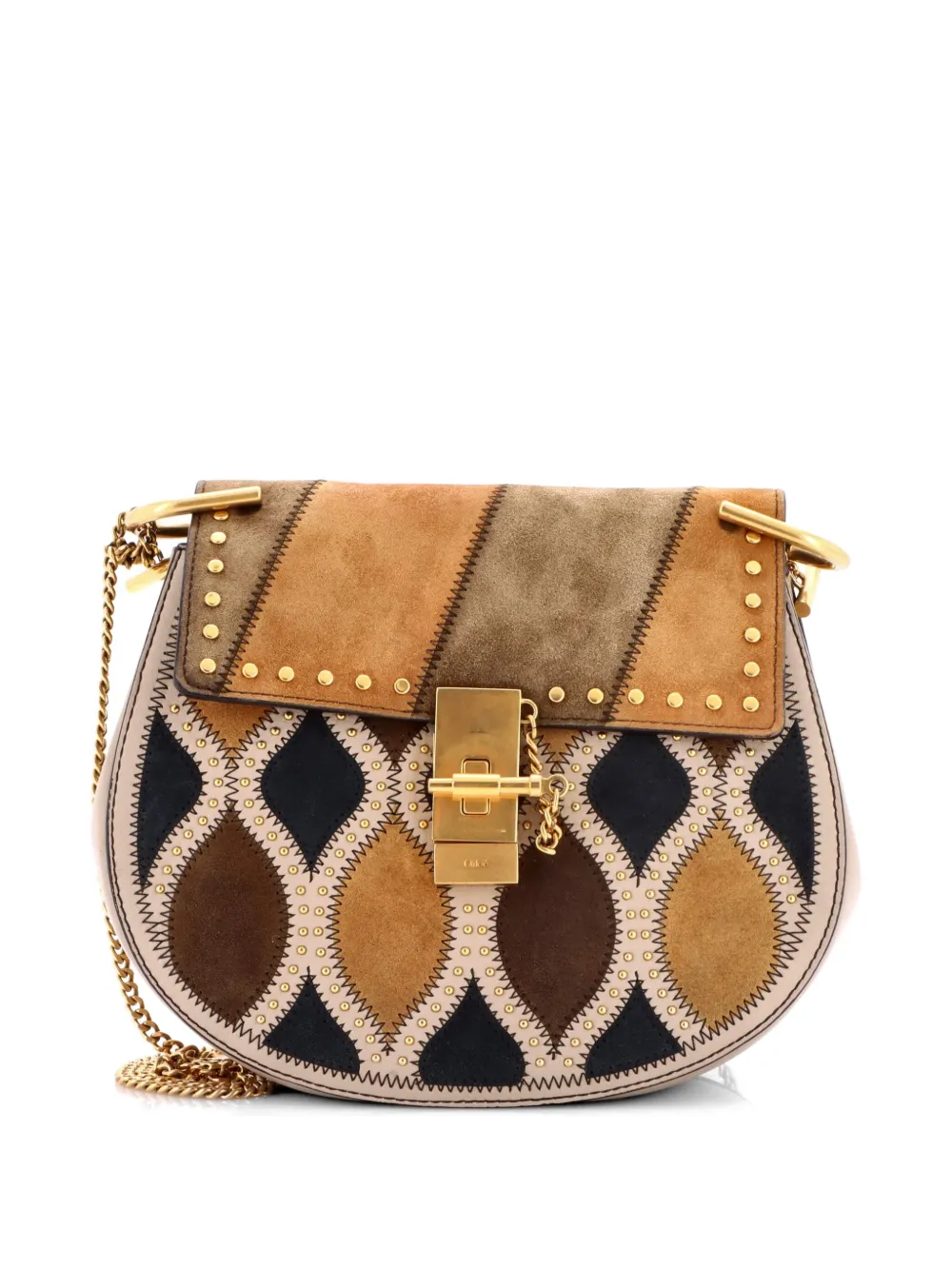 Chloé Pre-Owned Drew Patchwork Studded Leather and Suede Small crossbody bag - Toni neutri