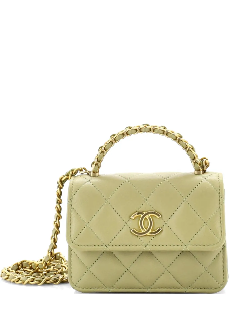 CHANEL Pre-Owned Woven Top Handle CC Flap Clutch on Chain Quilted Lambskin Small satchel - Verde