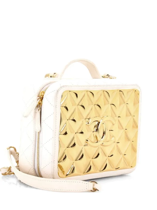 Chanel Pre-owned Golden Plate Vanity Case Quilted Metal and Lambskin Medium Satchel
