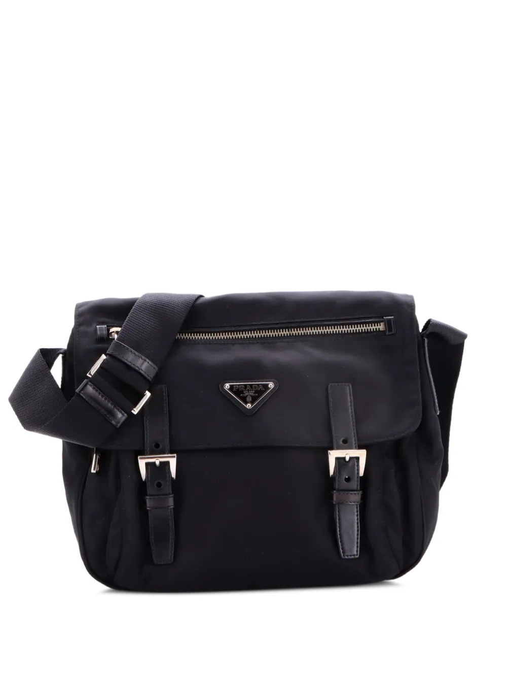 Prada Pre-Owned Double Buckle Flap Messenger Bag Tessuto Large business bag - Nero