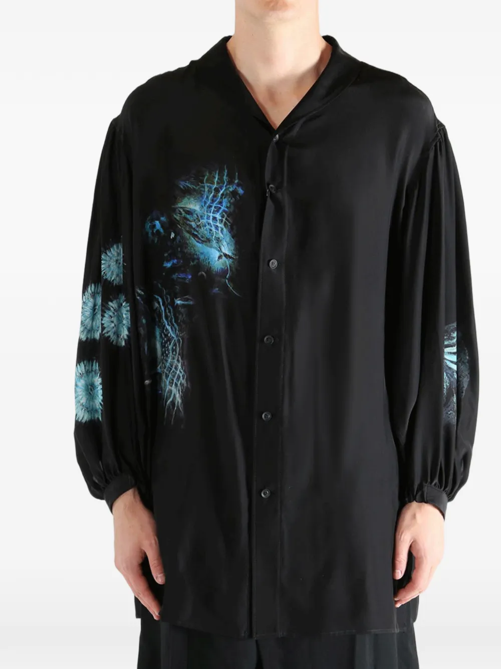 Yohji Yamamoto Overhemd met grafische print en sjaalkraag Zwart