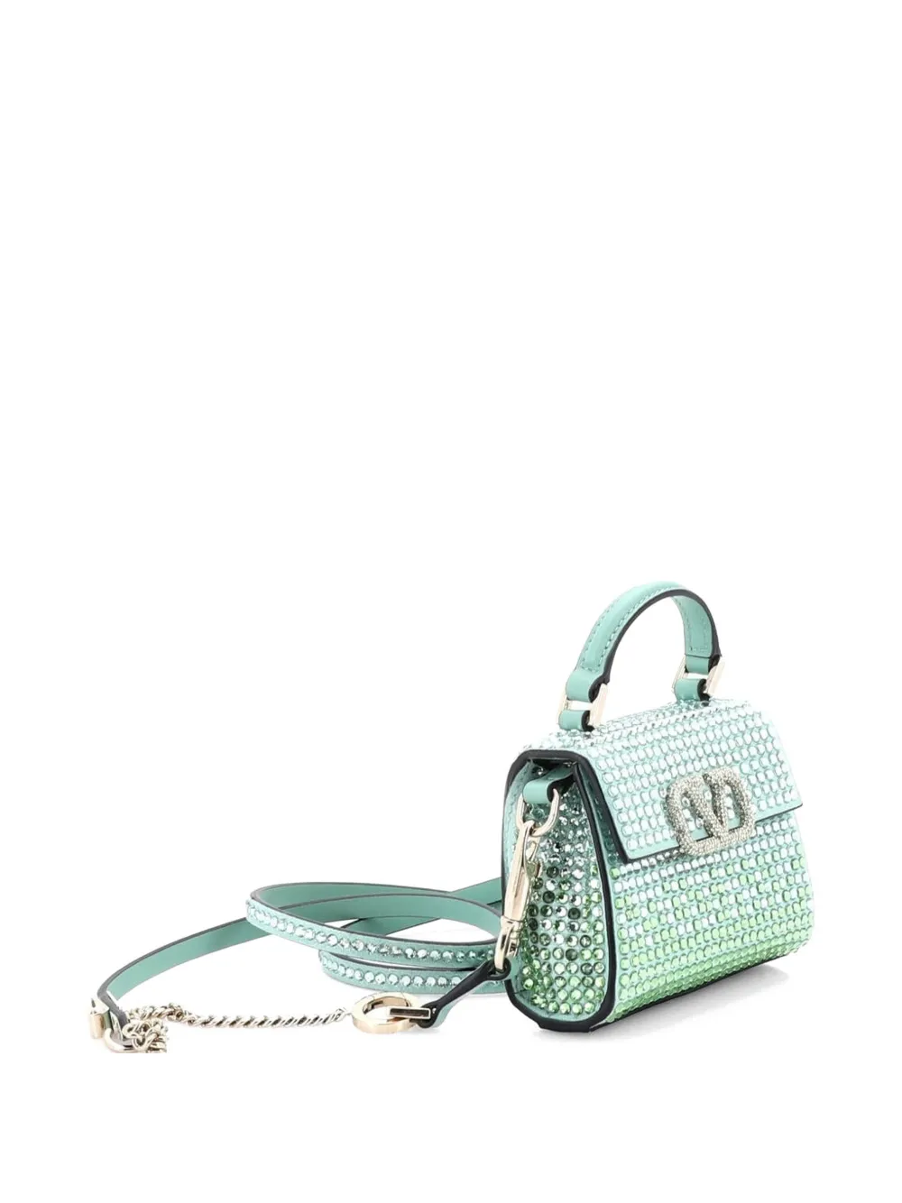  Valentino Garavani Pre-owned Vsling Top Handle Bag Crystal Embellished Leather Micro Satchel - Green 