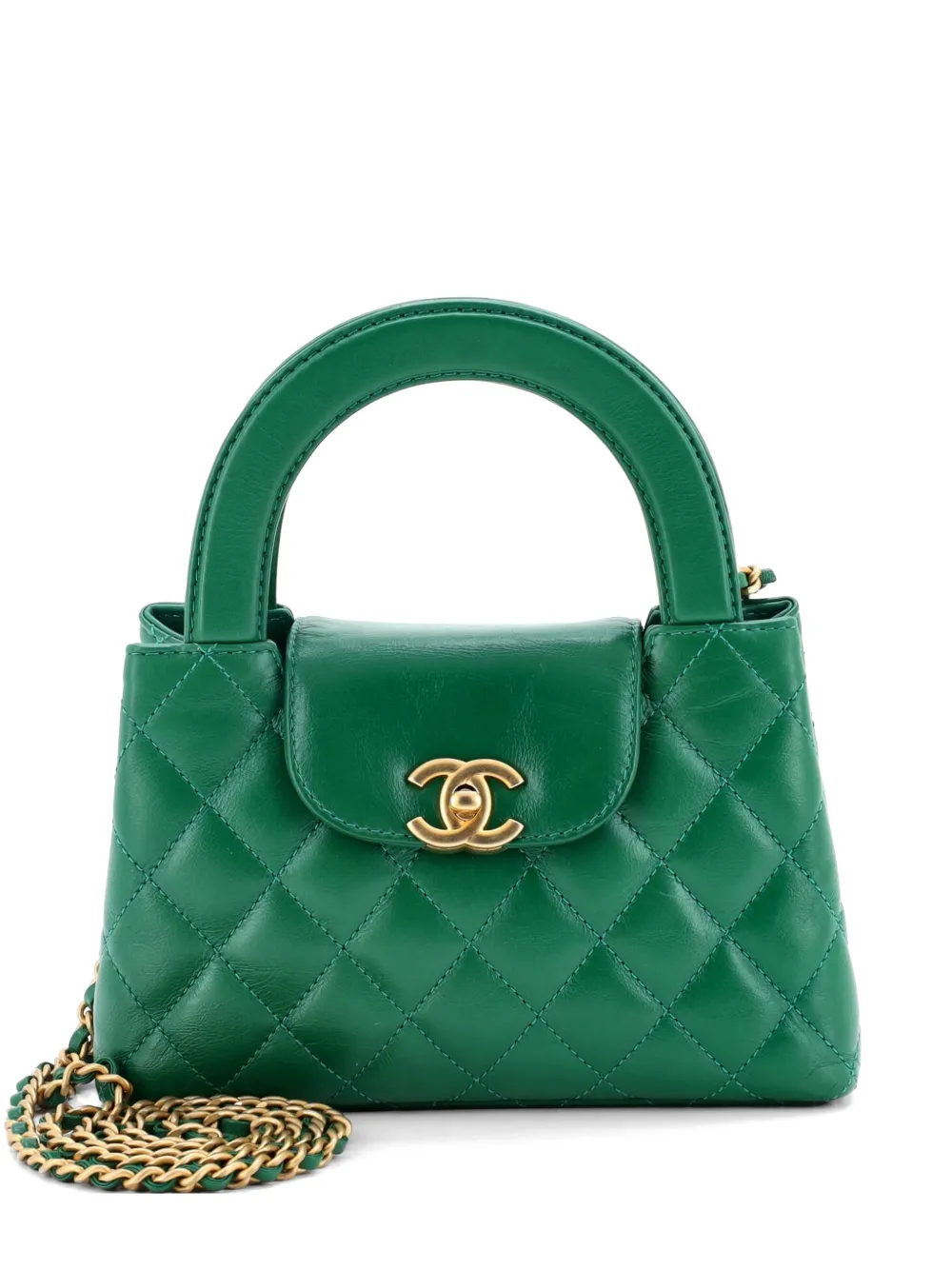 CHANEL Pre-Owned Kelly Top Handle Shopping Bag Quilted Shiny Aged Calfskin Mini satchel - Verde