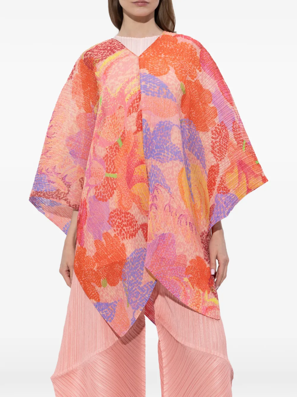 Pleats Please Issey Miyake Poncho met bloemenprint Roze