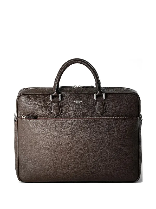 Serapian Slim Grainy Leather Briefcase in Brown