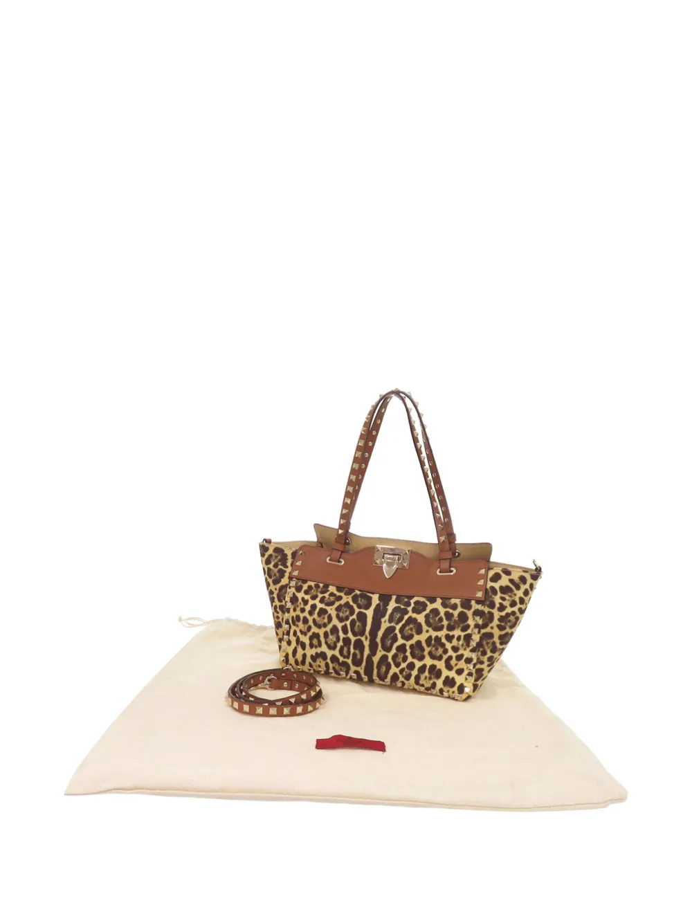  Valentino Garavani Pre-owned 2018-2025 Small Leopard Printed Canvas Rockstud Trapeze Satchel - Brown 