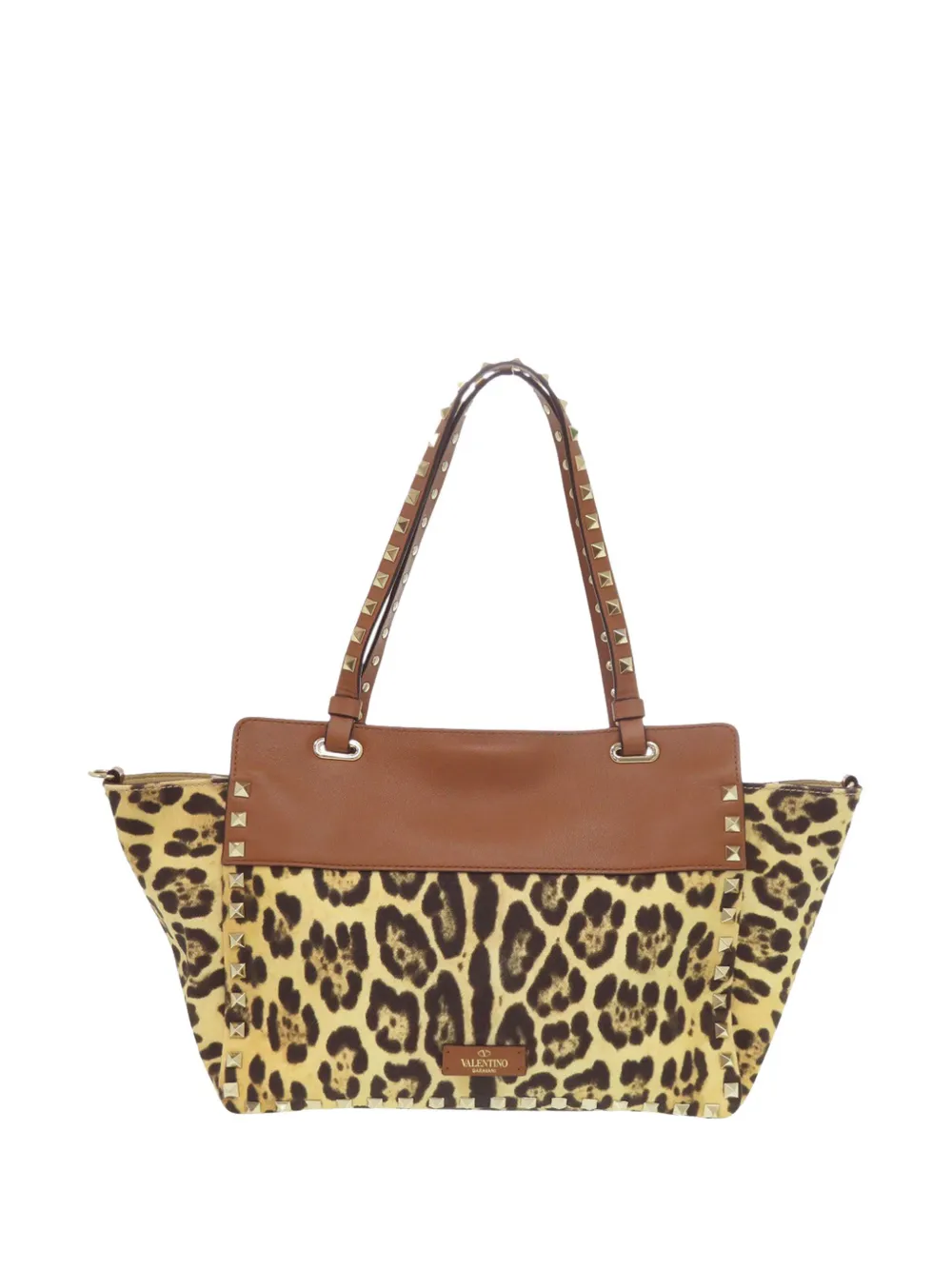  Valentino Garavani Pre-owned 2018-2025 Small Leopard Printed Canvas Rockstud Trapeze Satchel - Brown 
