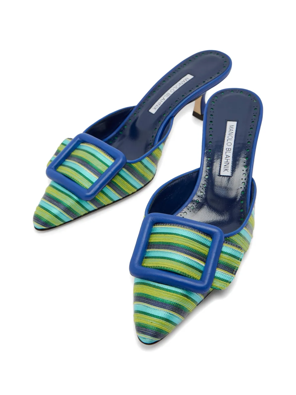 Manolo Blahnik Maysalebi gestreepte muiltjes met gesp Blauw