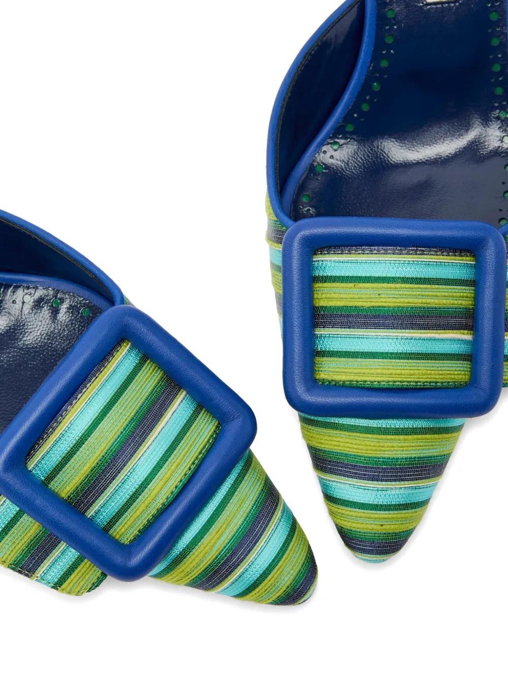 Manolo Blahnik Maysalebi gestreepte muiltjes met gesp Blauw
