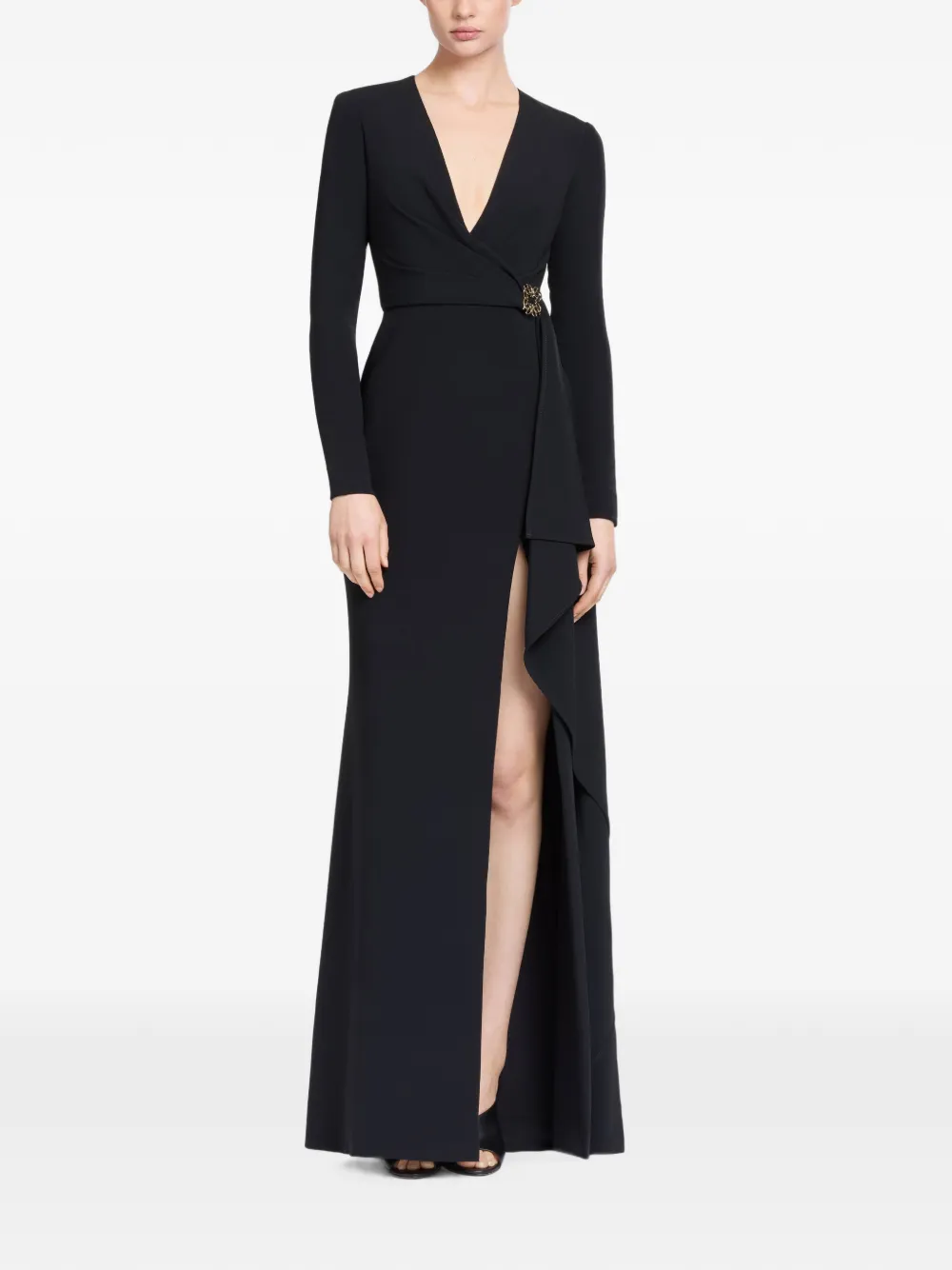 Elie Saab Maxi-jurk met ruches en V-hals Zwart