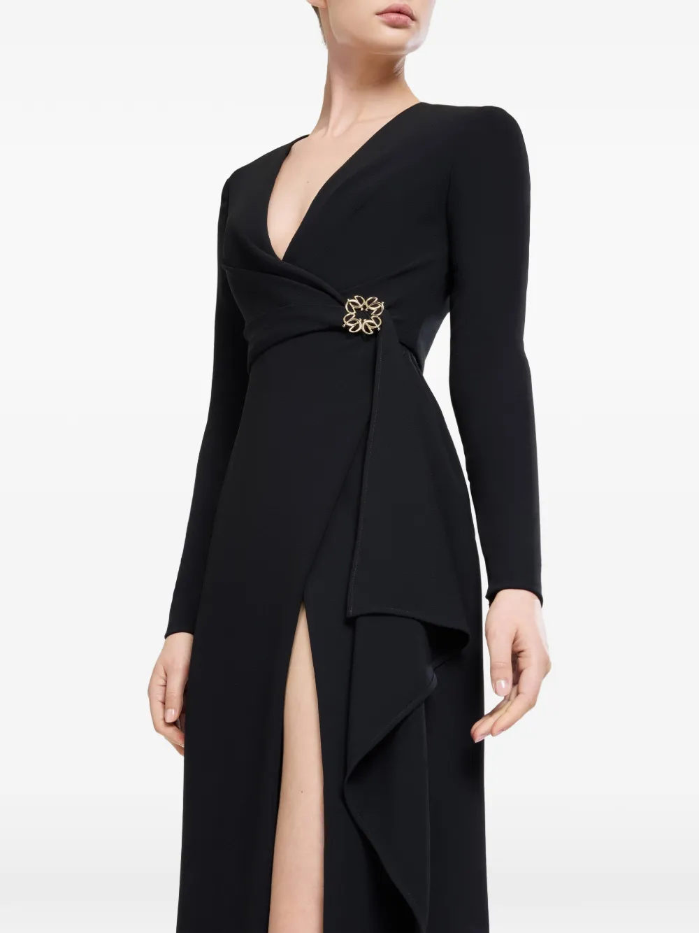 Elie Saab Maxi-jurk met ruches en V-hals Zwart