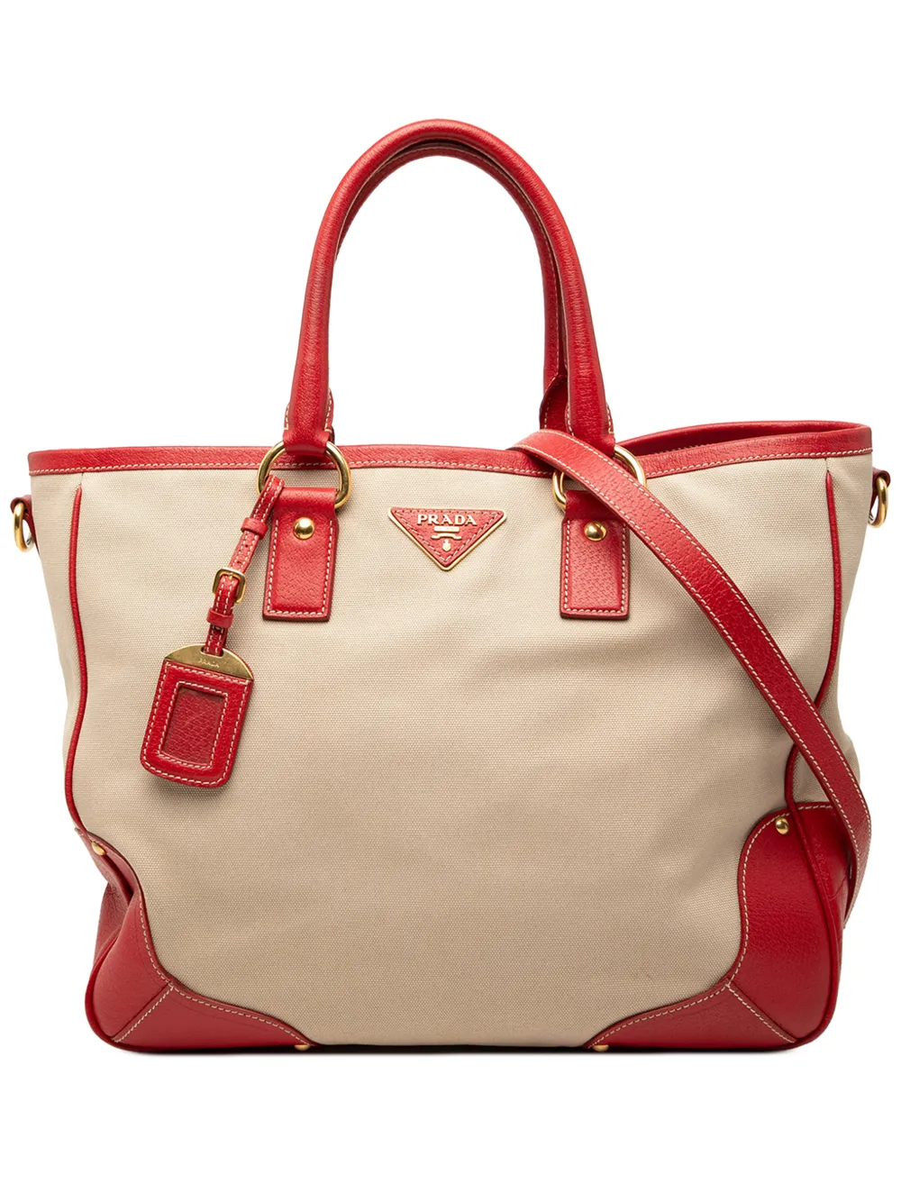 Prada Pre-Owned 2021-2025 Large Saffiano Trimmed Canapa Convertible Tote satchel - Rosso