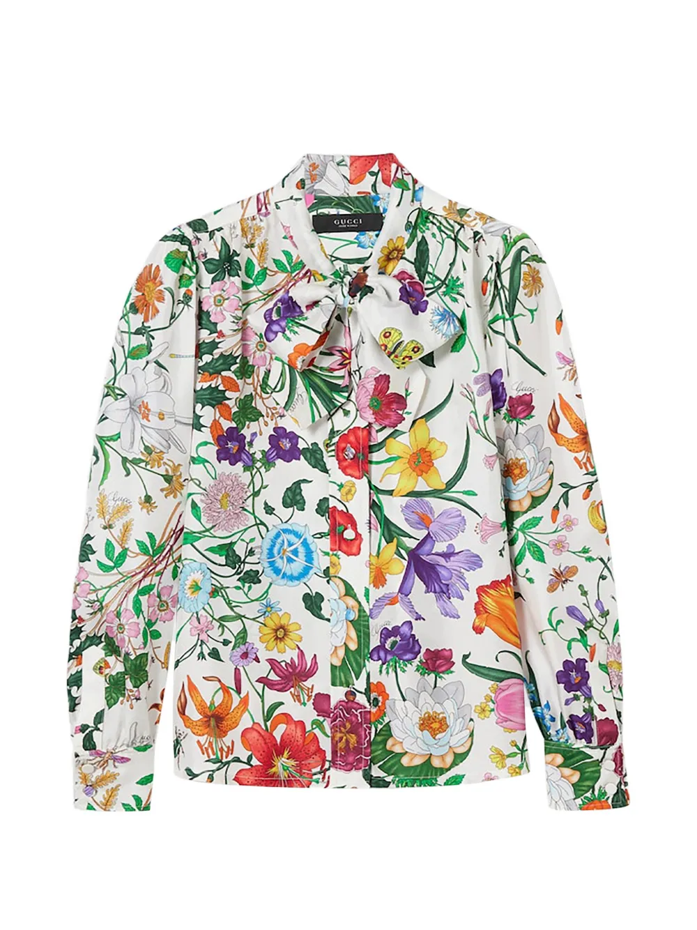 Gucci Self-tie Bow Floral-print Shirt In White