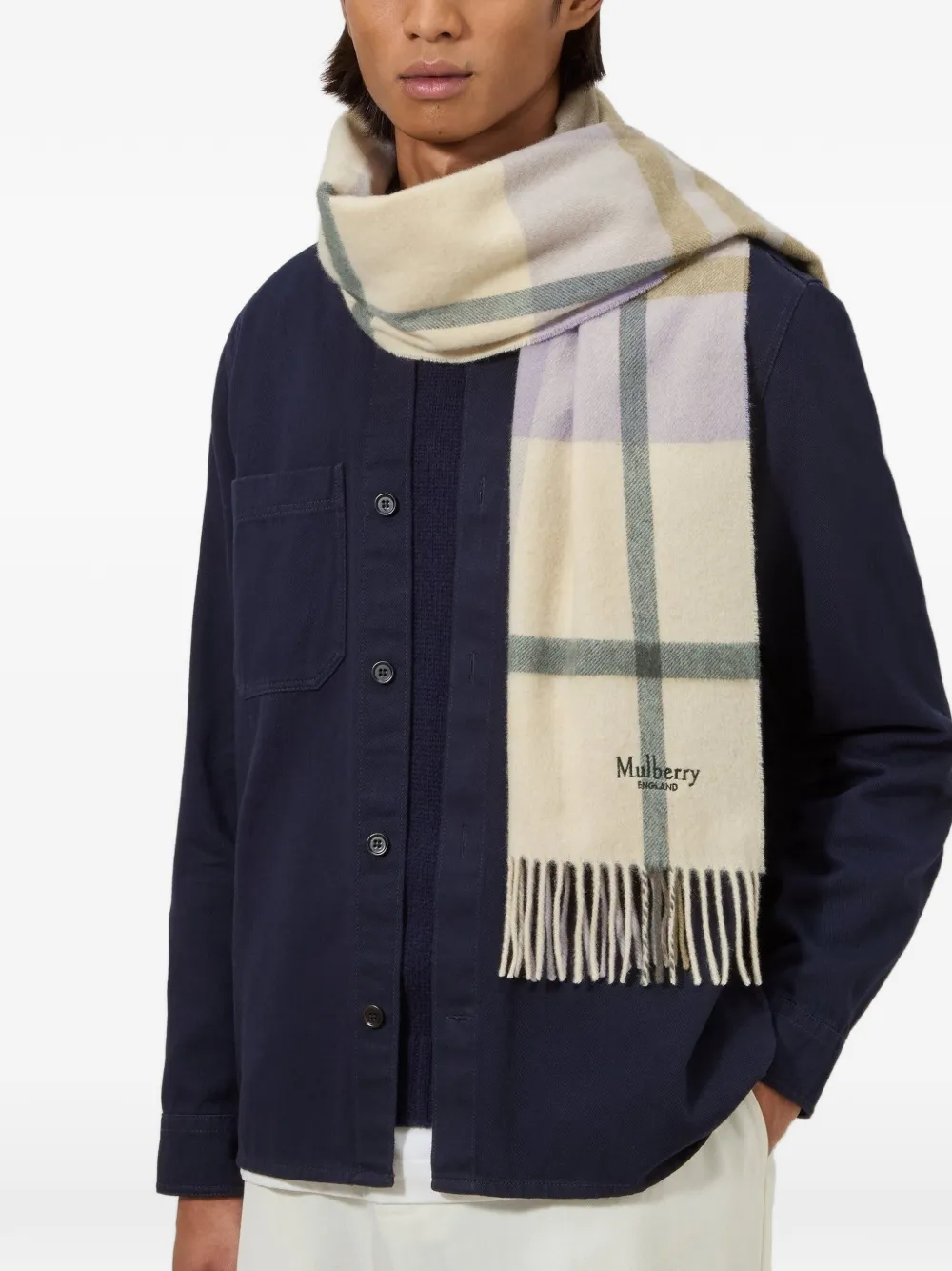Mulberry Geruite sjaal van merinowol met franje Beige
