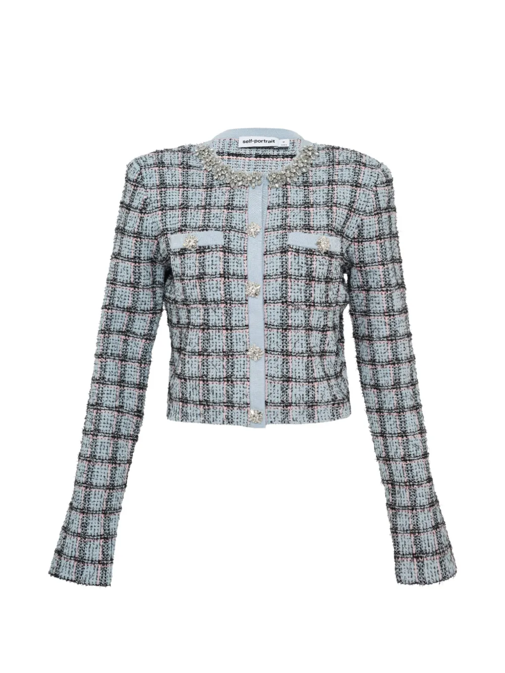 Self-Portrait check-pattern knit cotton cardigan - Blu