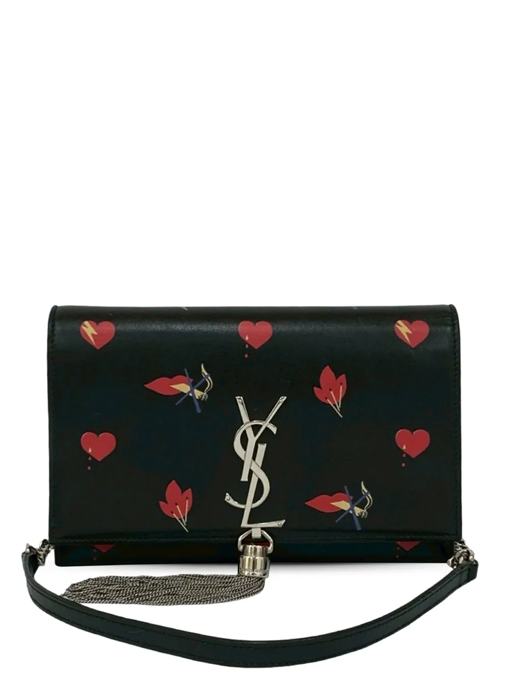 Saint Laurent Pre-Owned 2013-2025 Calfskin Heart and Smoking Lips Monogram Kate Tassel Wallet on Chain crossbody bag - Nero