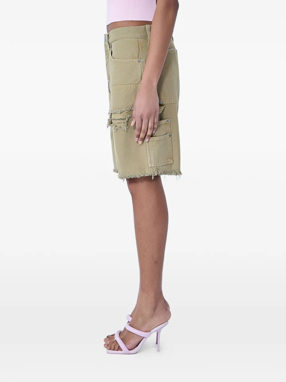 Alexander Wang Zip-detail Distressed-frayed Mid-rise Carpenter Cotton Shorts in Neutrals, view 2