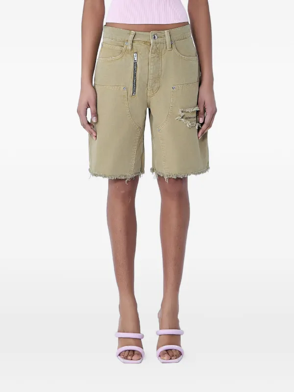 Alexander Wang Zip-detail Distressed-frayed Mid-rise Carpenter Cotton Shorts in Neutrals