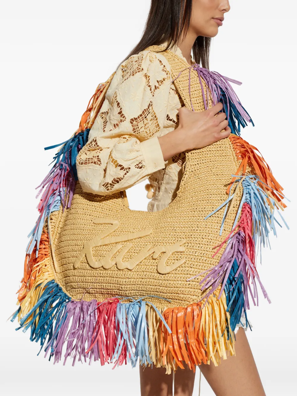 Kurt Geiger London Grote Kurt Hobo shopper met geborduurd logo en franje Beige