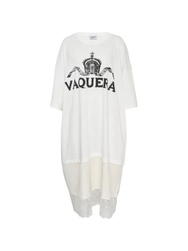 lace trim t shirt dress Vaquera Women's Mixed Media Graphic T-Shirt Dress - White