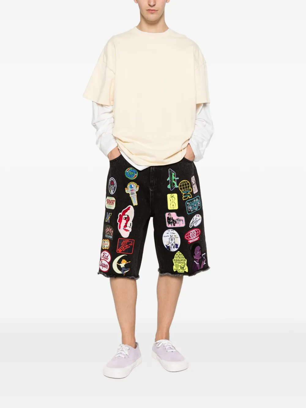 KidSuper Denim shorts met patches Zwart
