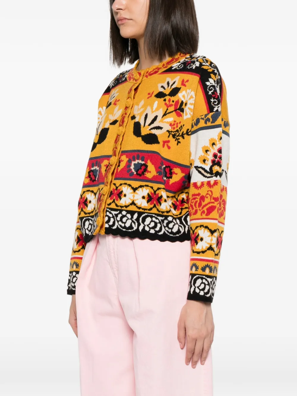 FARM Rio Vest met bloemen-intarsia en gewelfde afwerking Geel