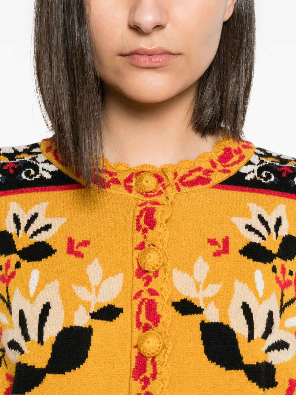 FARM Rio Vest met bloemen-intarsia en gewelfde afwerking Geel