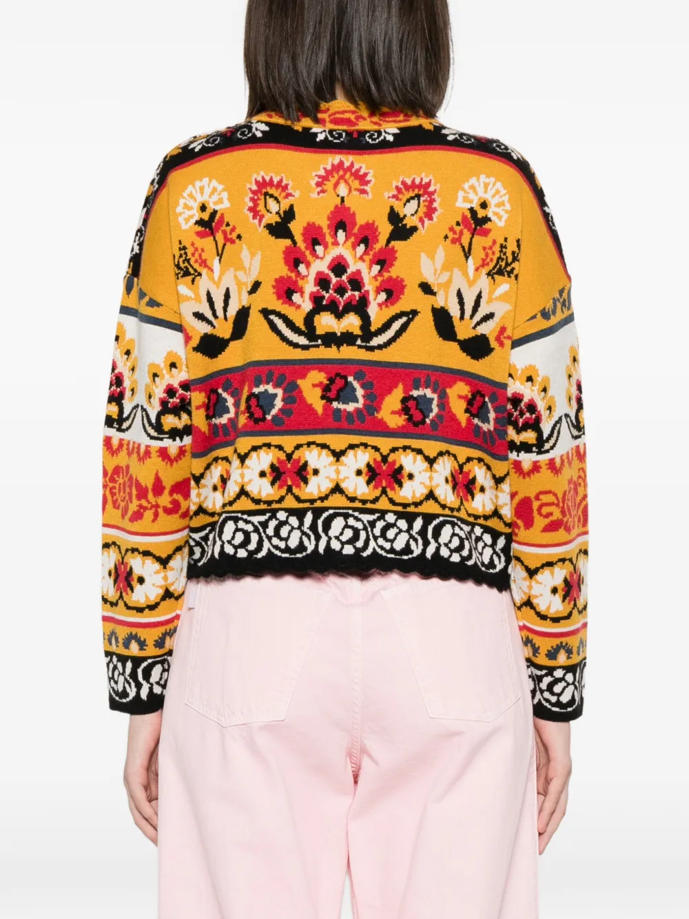 FARM Rio Vest met bloemen-intarsia en gewelfde afwerking Geel