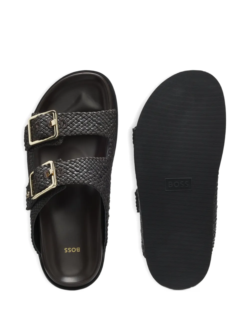 BOSS Leren sandalen met gesp Bruin