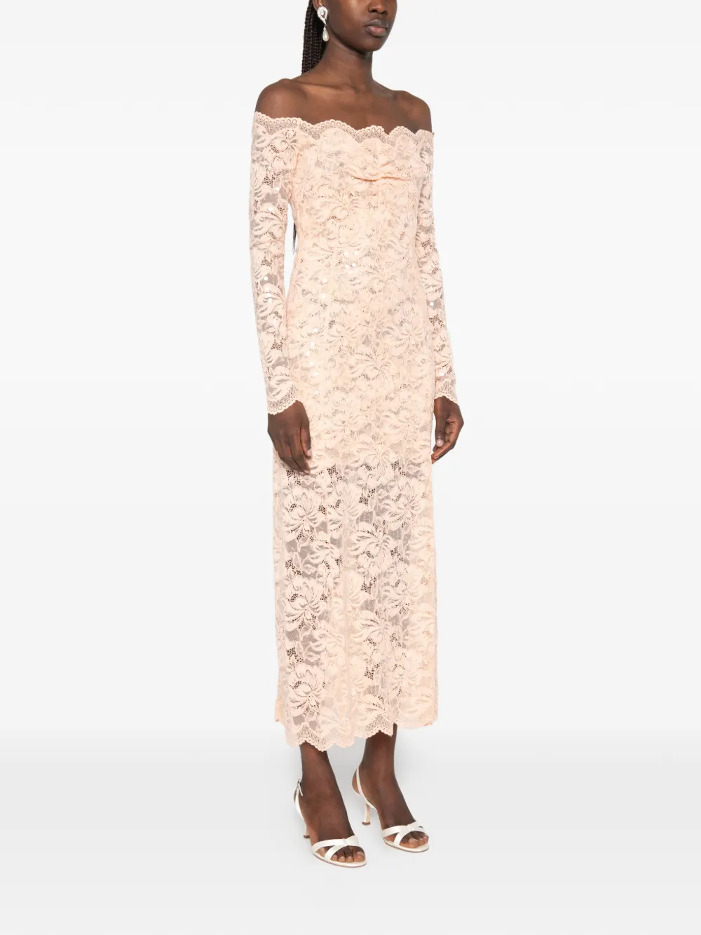 Rabanne Midi-jurk met bloemenkant en lange mouwen Roze