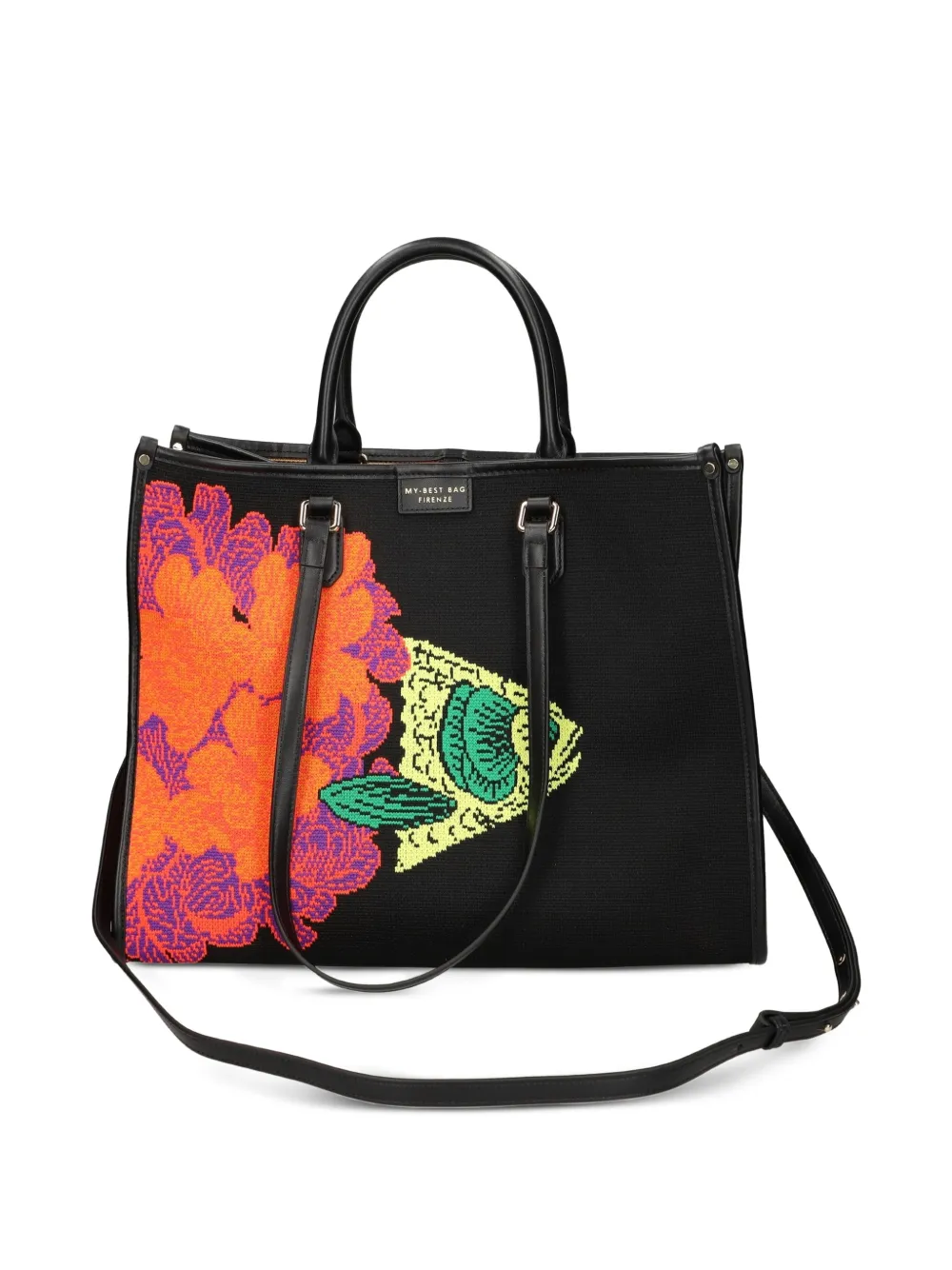 MY BEST BAG Atena Ethology shopper met bloemen en vis Zwart