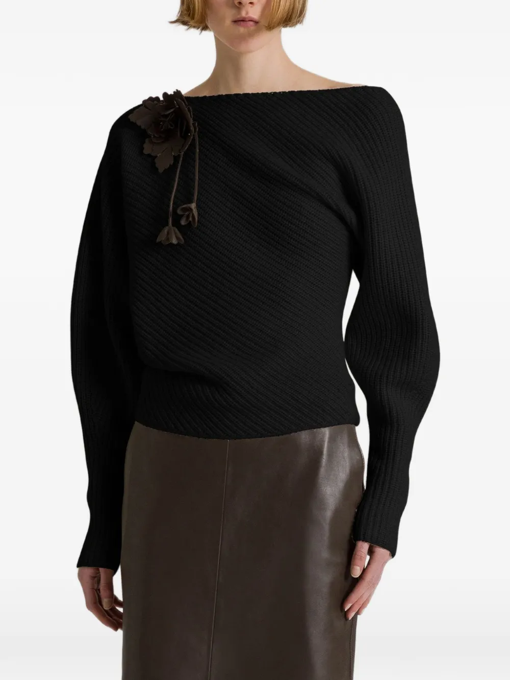 Alberta Ferretti floral-appliqué ribbed-knit sweater - Black