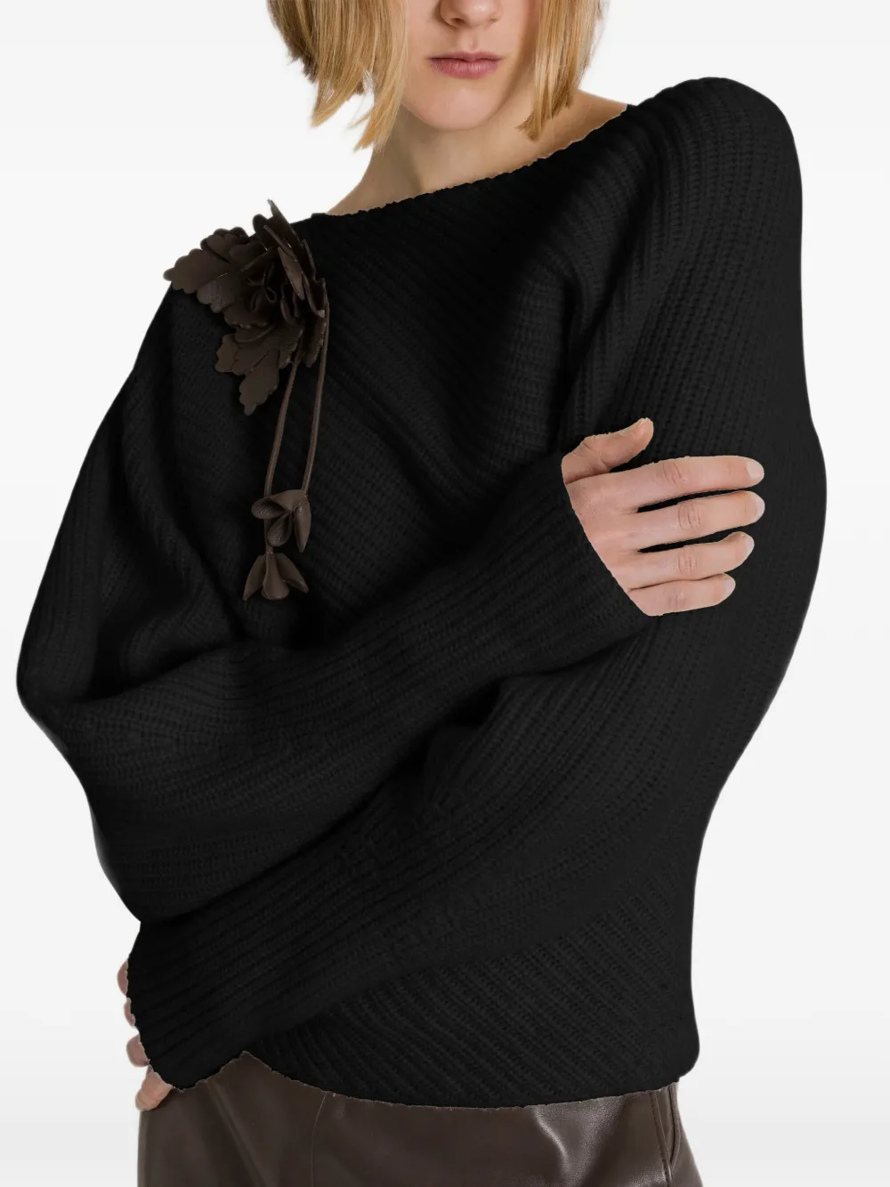 Alberta Ferretti Ribgebreide trui met bloemapplicatie Zwart