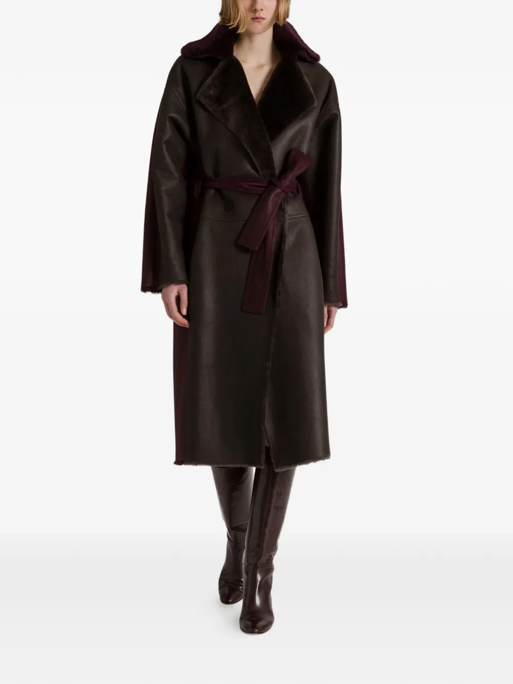 Alberta Ferretti Leren jas met ceintuur Bruin