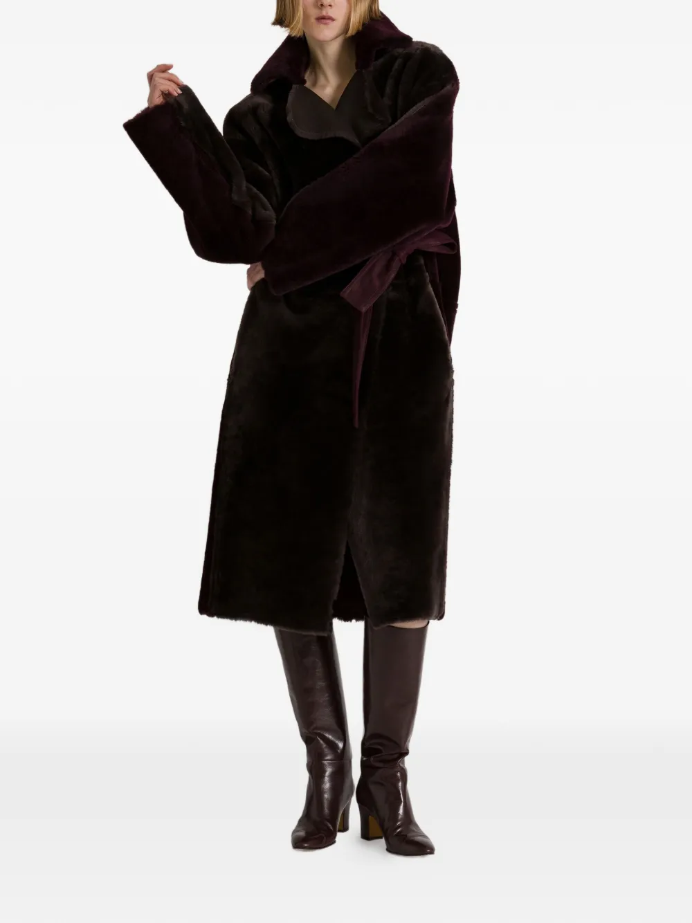 Alberta Ferretti Leren jas met ceintuur Bruin